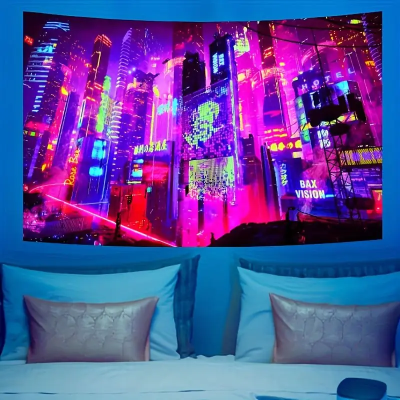 VIKAMA Cyberpunk Neon Urban Night Scene Tapestry, Futuristic Wall Art for Bedroom Living Room Esports Decor