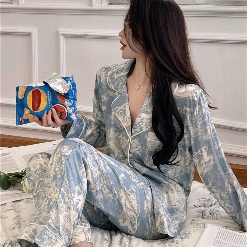 2023 Autumn New Ice Silk Women Pajama Lapel Button Cardigan Outfits for Women 2 Piece Set Fashion Printing Set Clothes for Women 3