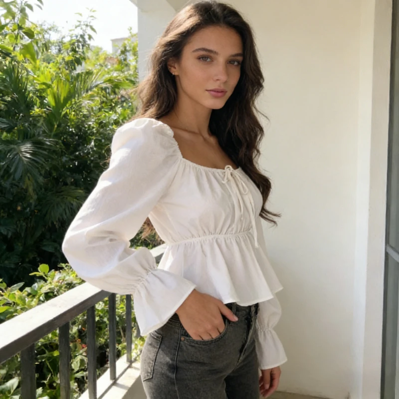 

Новая женская шифоновая блузка с квадратным вырезом, длинными рукавами-фонариками и шнуровкой, элегантная белая приталенная повседневная модель для весны и осени