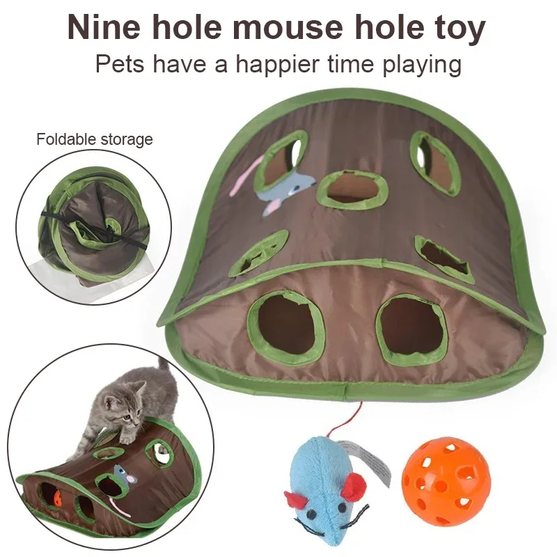 

Cat Supplies Cat Toys Folding Nine Hole Cloth Tunnel Plush Mouse Cat Grab Ball Bell Fun Decompression Cat Accessories