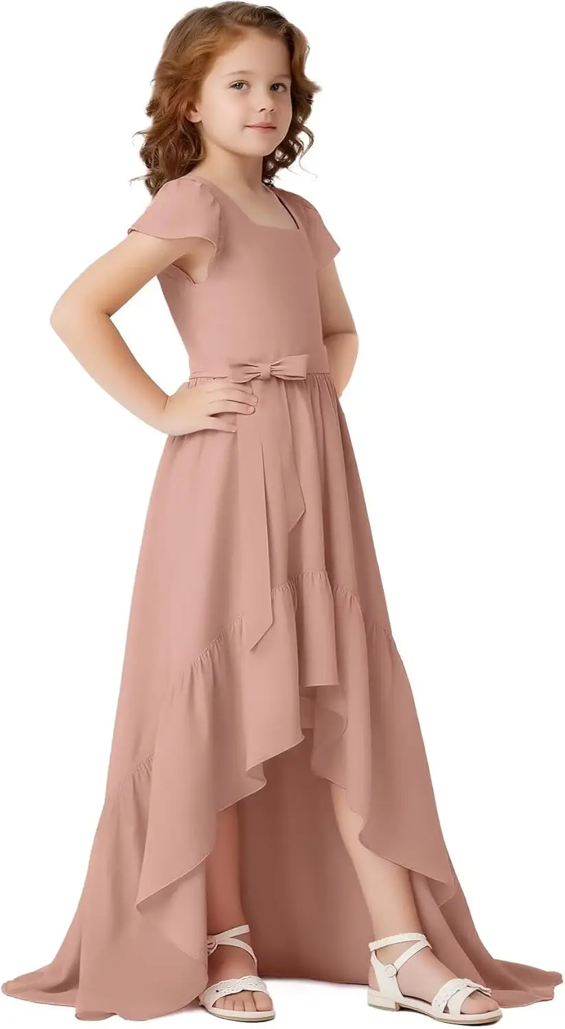 Платье подружки невесты трапециевидной формы с квадратным вырезом и коротким рукавом, шифоновое платье с цветочным узором для девочек, бальное платье подружки невесты для выпускного вечера, платье для девочек