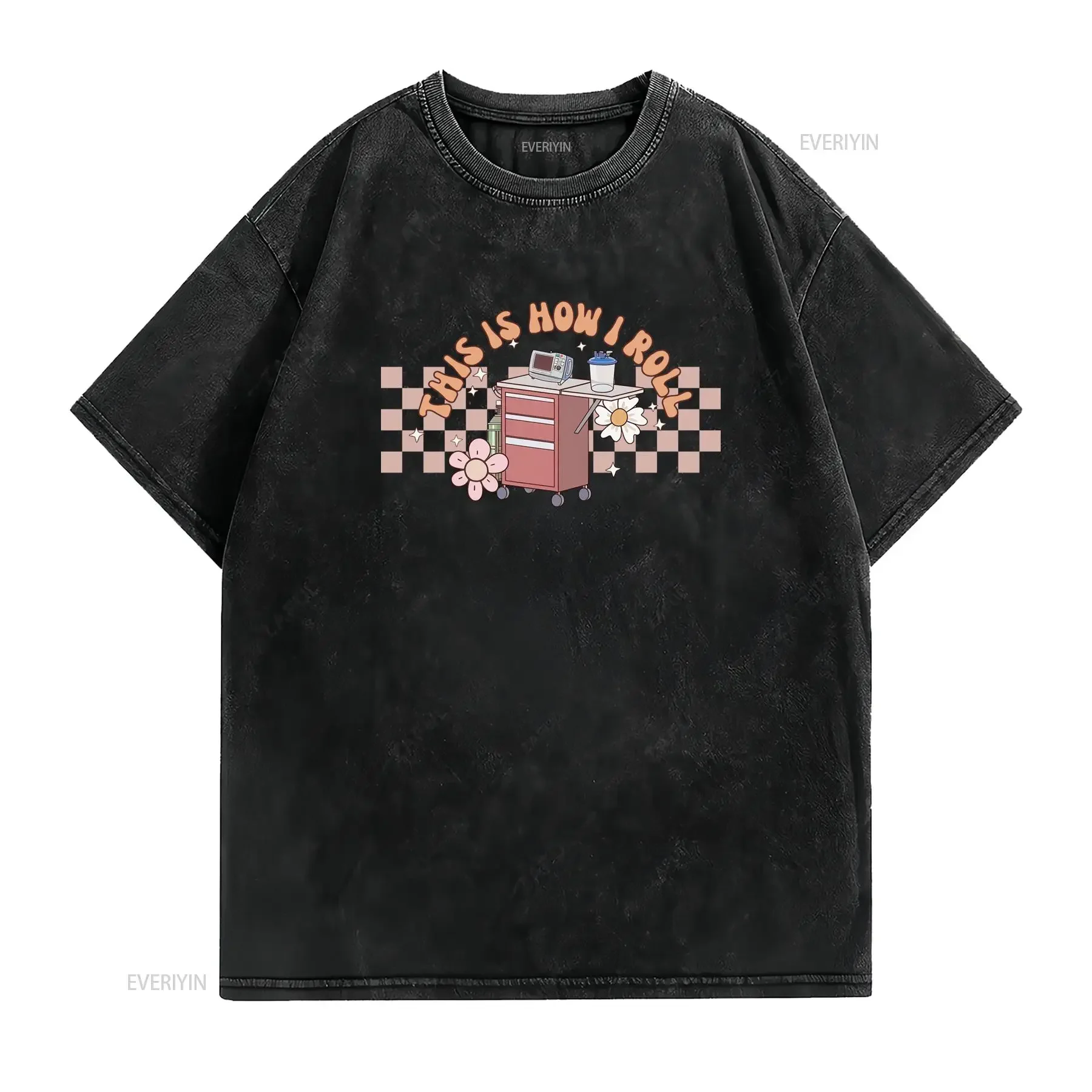 Retro Cute Cartoon Nurse Funny This Is How I Roll Crash Cart Floral Checkered Print Casual T Shirt vintage Washed graphic
