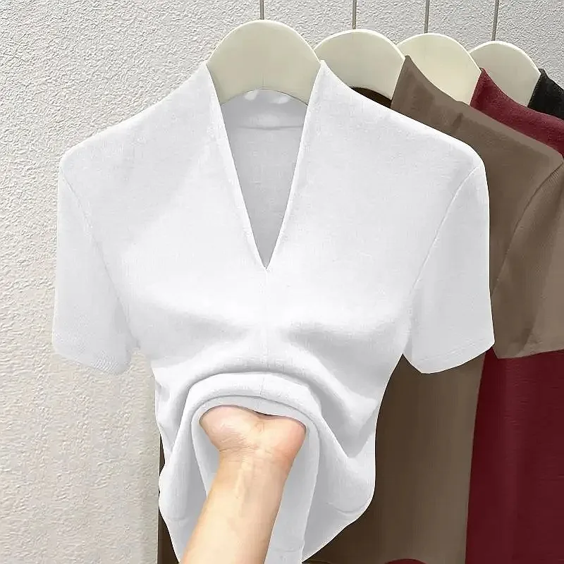 

Women Threaded Summer Short Sleeve V-Neck Slim Fit T-Shirt Plus Size Casual Sexy Versatile Base Top