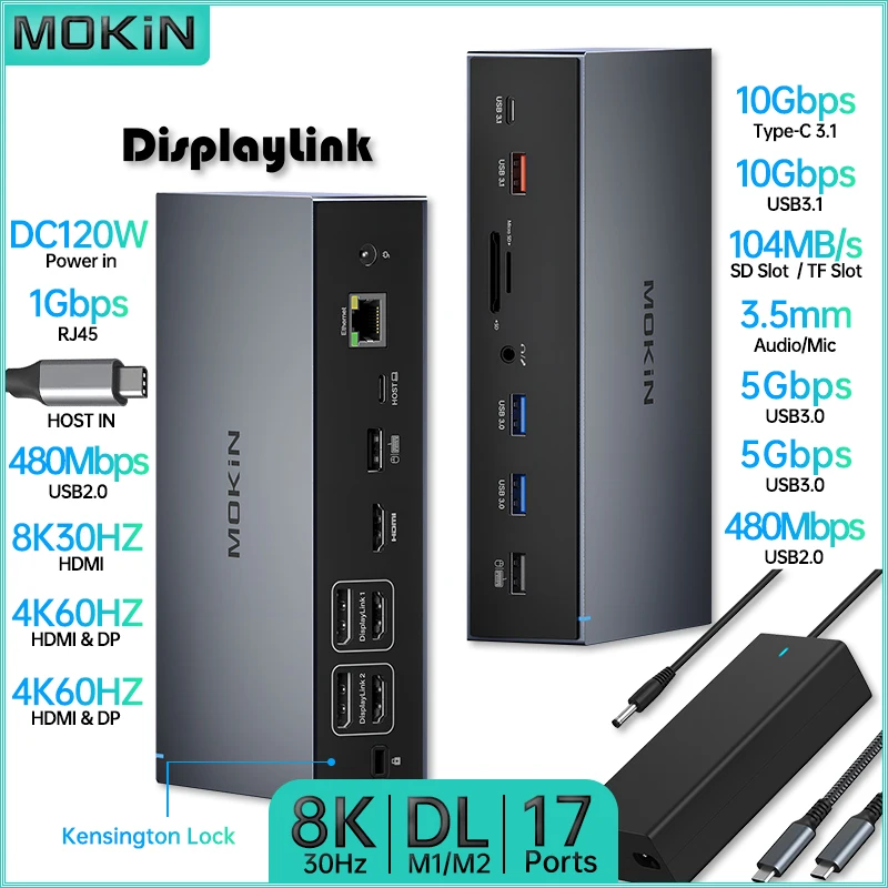 MOKiN 17 en 1 Docking Station para MacBook Air/Pro, M1/M2, iPad - USB3.1, HDMI 4K60Hz, SD, RJ45 1Gbps, DisplayLink 3 Canales