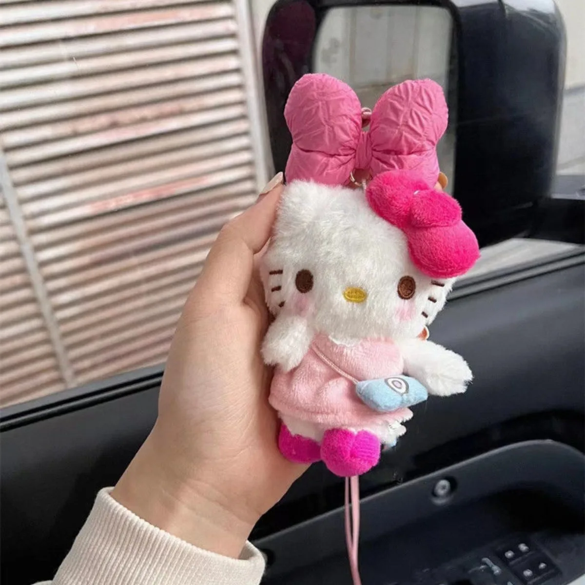 Olá kitty plushies miniso arco rosa dos desenhos animados kawaii boneca de pelúcia mochila pingente decoração do carro chaveiro decoração do quarto presente das meninas