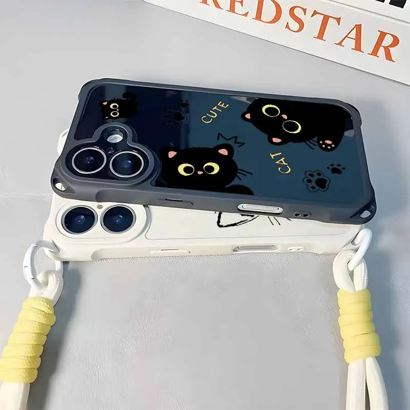 素敵な漫画風黒猫デザインのSamsung S25 S24 S23 S22 S21 S20 FE Note 20 Ultra用ストラップ付き耐衝撃・落下防止カバー、ソフトフォンケース