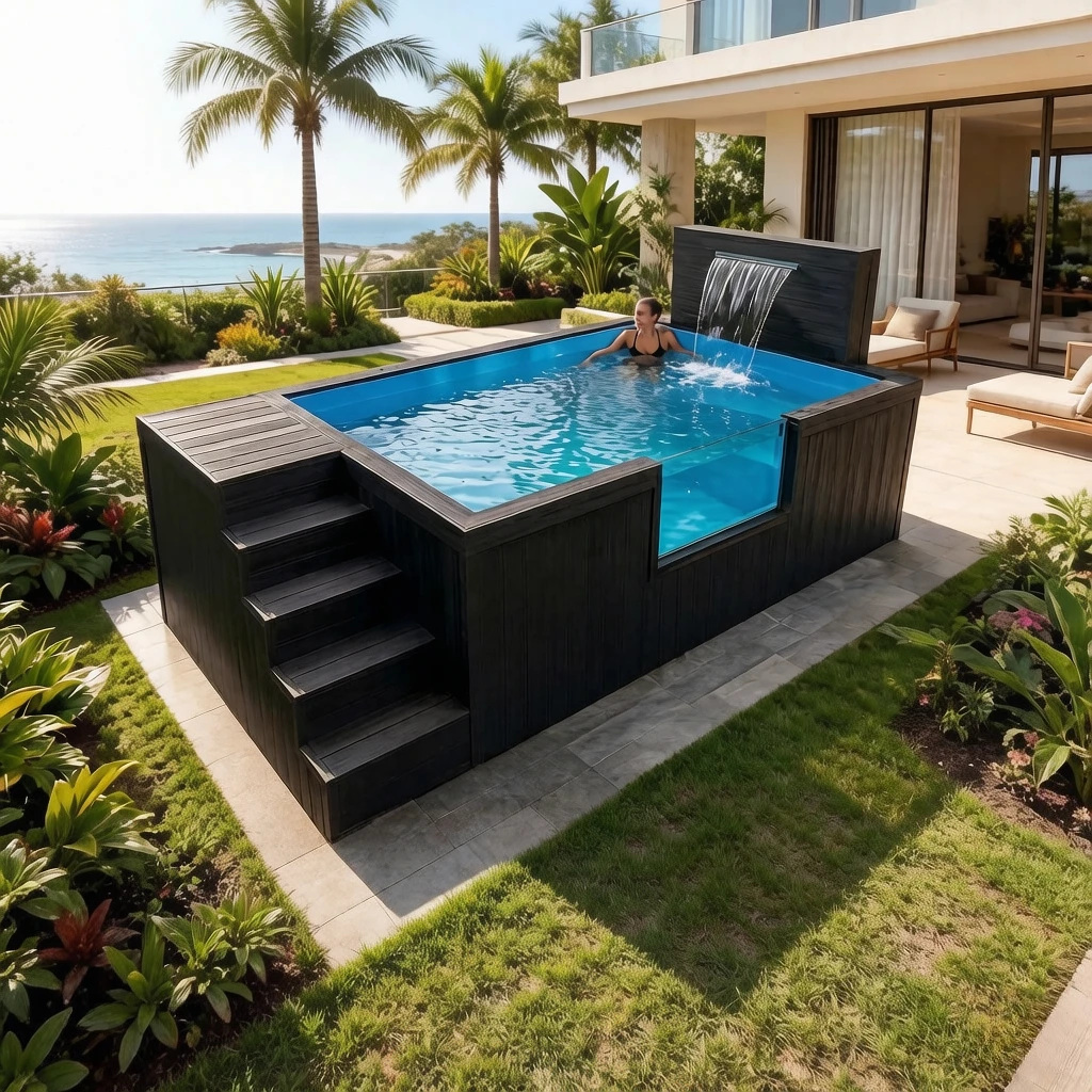 Family Swimming Pool Prefab Modular Modern Outdoor Shipping Container Pool With Surfing System and Lighting System