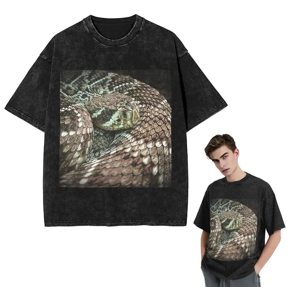 Streetwear T-Shirts Snake, Coiled Diamondback Rattlesnake Washed T Shirt Short Sleeve Hip Hop T-Shirt Tops Tees for Men Women