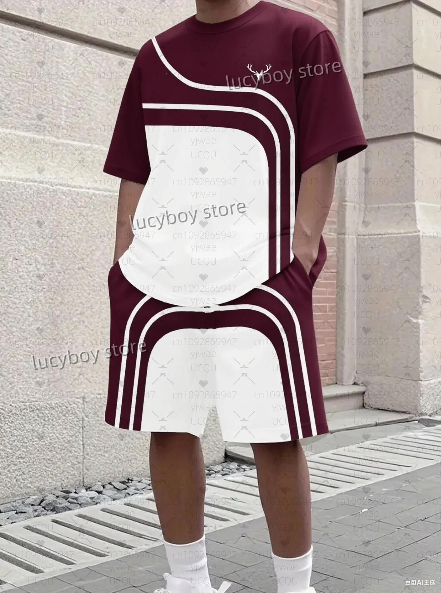 Hot Selling Summer Men  lines Print Set Short Sleeve football t-shirt Shorts Set Adult  Jogging Plus Size Tracksuit 2 Piece Set