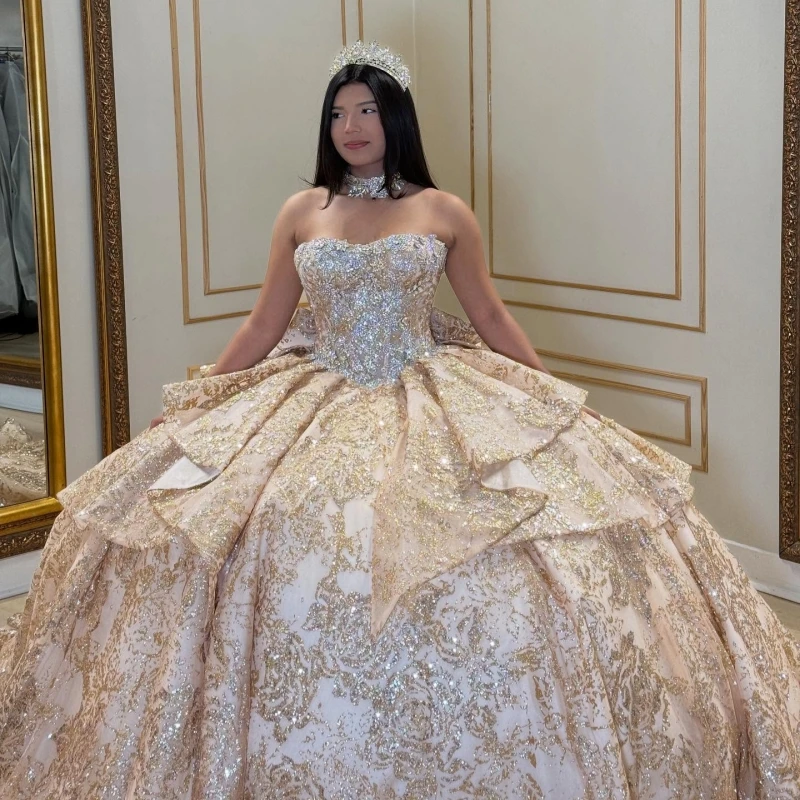 Robes de Quinceanera brillantes or Rose, robe de bal, épaules dénudées, paillettes appliquées, dentelle, perles, nœud en cristal, Corset, fête d'anniversaire