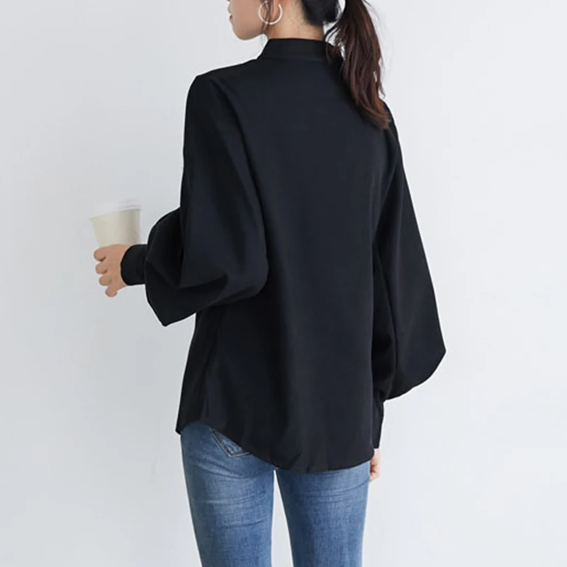 Lantern Sleeve Women Black Shirts Korean Retro Casual Loose Long Sleeve Tops Y2K Fashion All Match Office Ladies Blouse