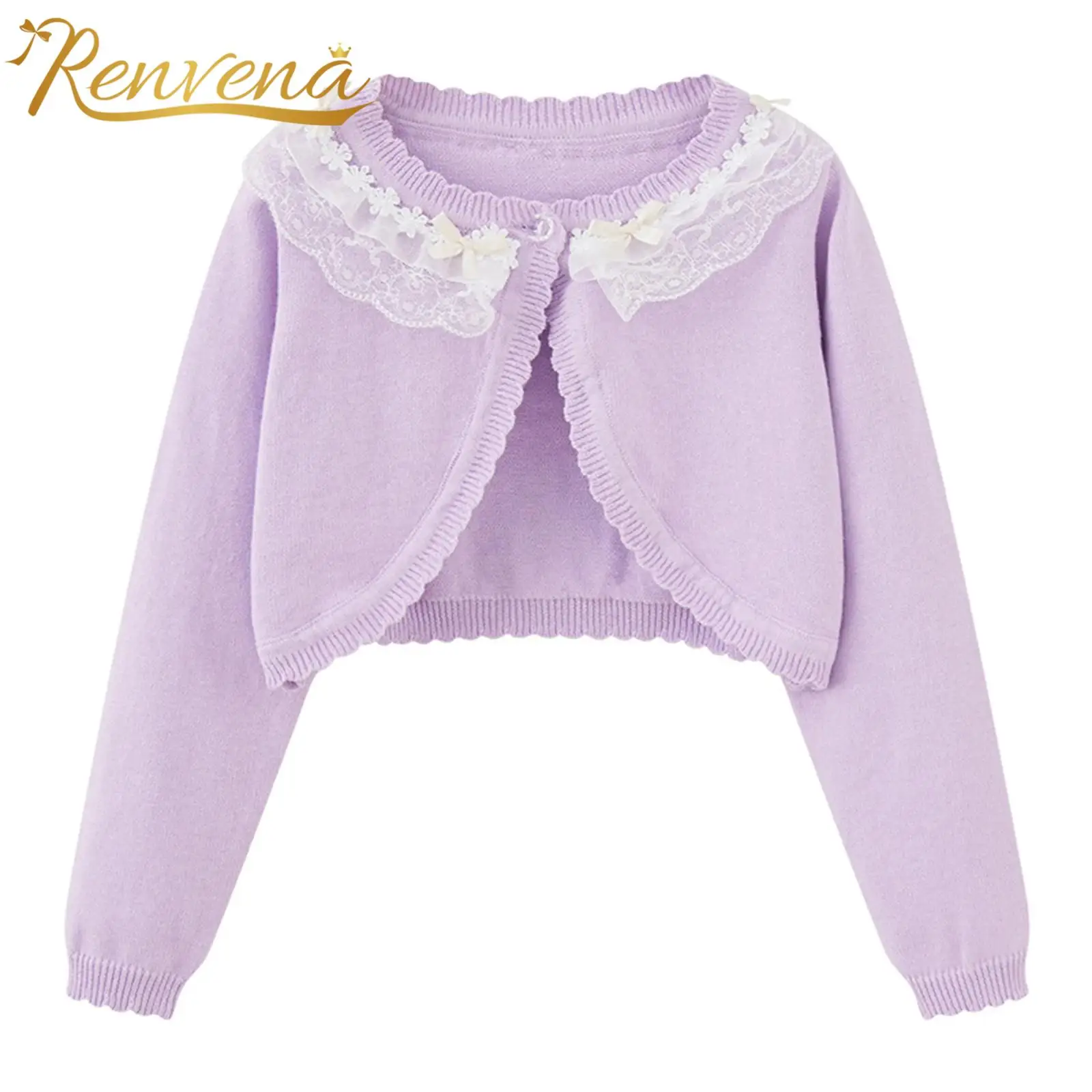 Kids Girls Knitted Sweater Long Sleeve Button Closure Tiered Floral Lace Bowknots Bolero Cardigan Shrug Cropped Sweaters Tops