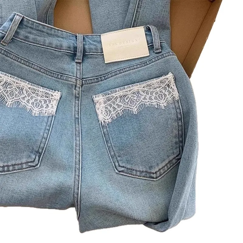 กางเกงยีนส์ขากว้างผู้หญิง แต่งลูกไม้ ยีนส์ขาดๆ เอวสูง ล้างสี มีกระเป๋า สไตล์วินเทจ สตรีทแวร์ ทรงหลวม ปี 2025