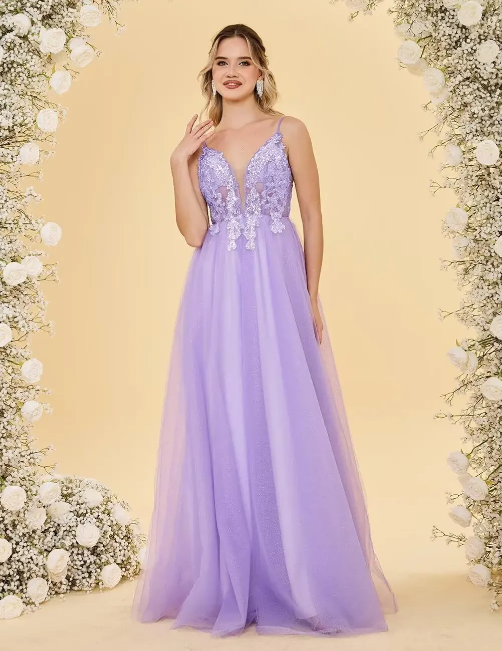 Langes A-Linien-Abendkleid mit tiefem V-Ausschnitt, Tüll-Abschlussballkleider für Damen, Spaghettiträger, lange Ballkleider mit Spitzenapplikationen