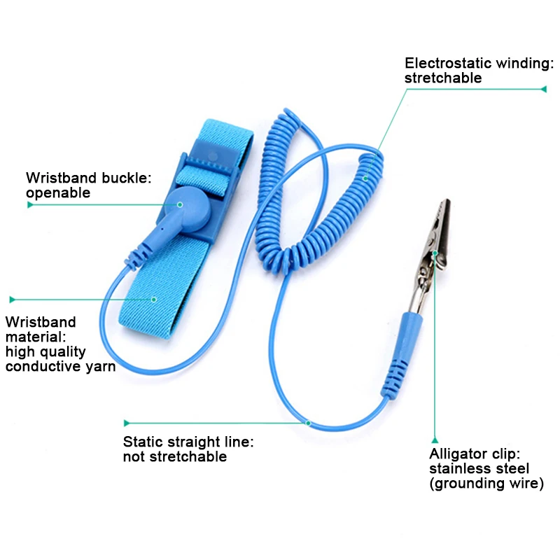 Anti-Static ESD Wrist Strap Adjustable Blue Grounding Band with 1.8m Cable and Alligator Clip