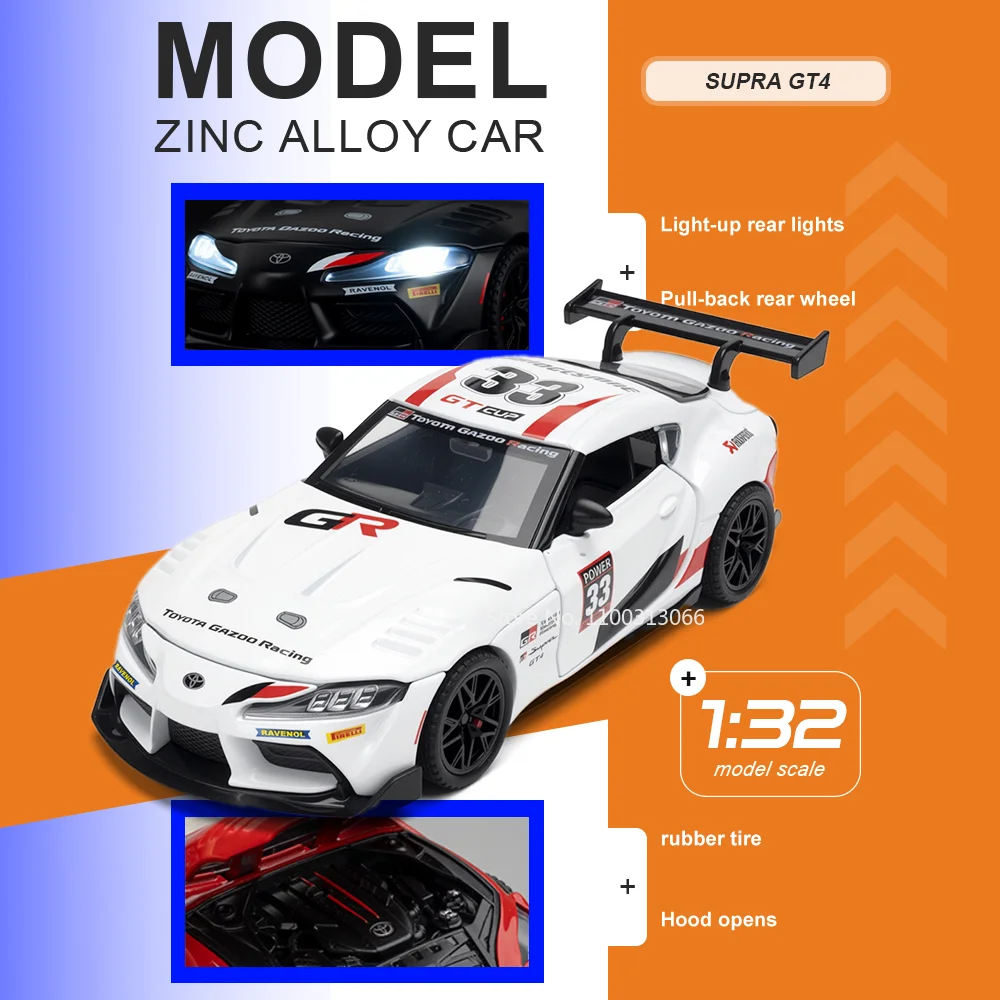 

1:32 SUPRA GT4 GR86 Alloy Car Miniature Toy Diecast Model Doors Opened Sound Light Pull Back Vehice Children's Favorite Ornament