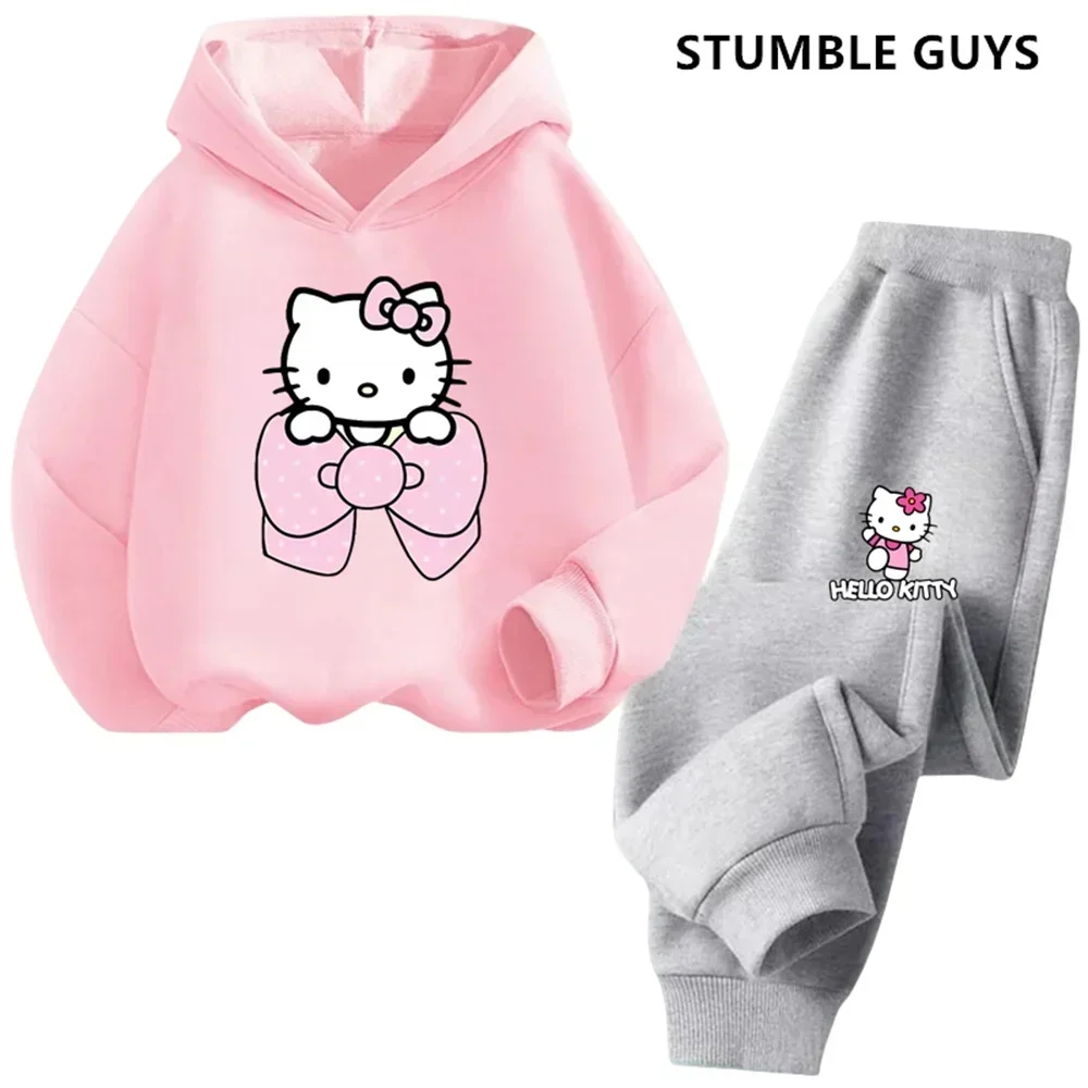 Girls Outfit Set Hello Kitty Hoodies Sets Baby Girl Clothes 4-14 Years Girls Clothing Tops Pants Suits Sports Suits Hoodies