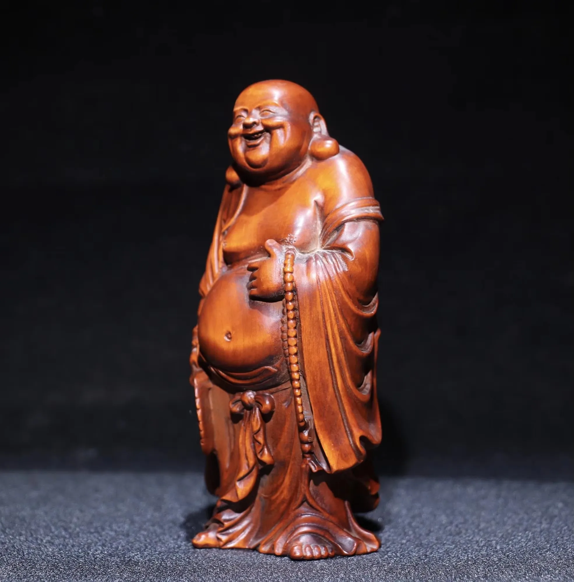 Natural Solid Wood Laughing Buddha Station Maitreya Buddha Statue Sculpture Handmade Wood Carving Buddha Statue Decoration Statu