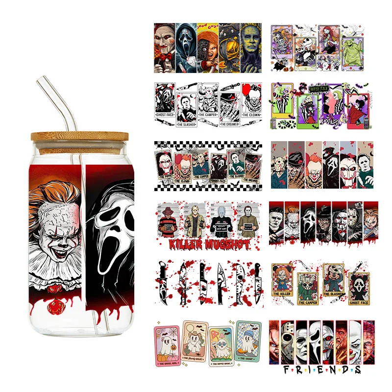 1 adet pegathalloween cadılar bayramı korkunç Murder oyunu cam çıkartmaları fincan baskı Selfadhesive Sticker için 16OZ şişe su geçirmez UV transferi