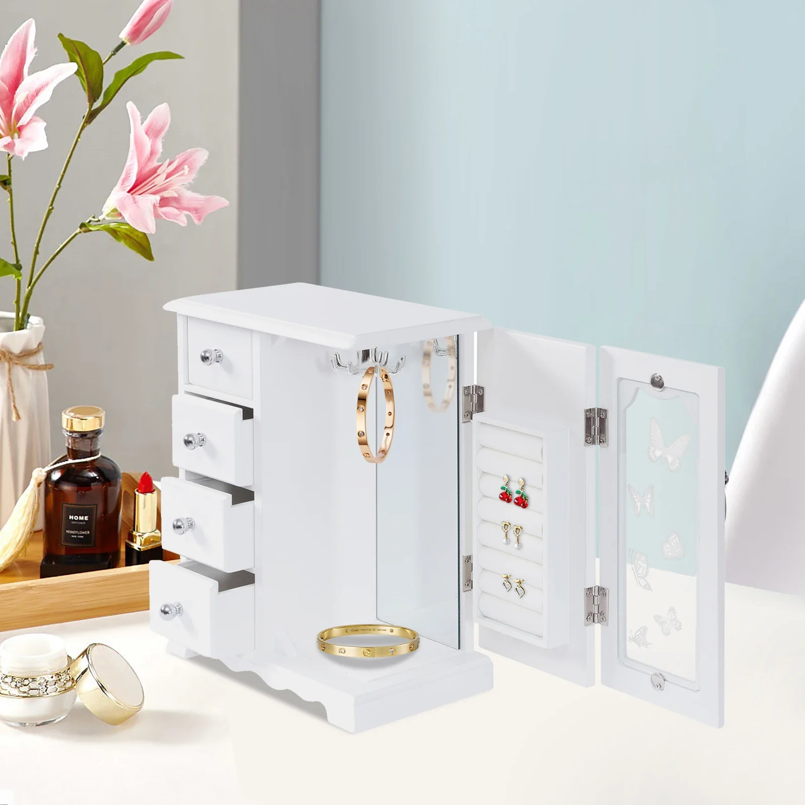 

Jewelry Box - Made of Solid Wood with 4 Drawers Organizer and Built-in Necklace Carousel and Large Mirror