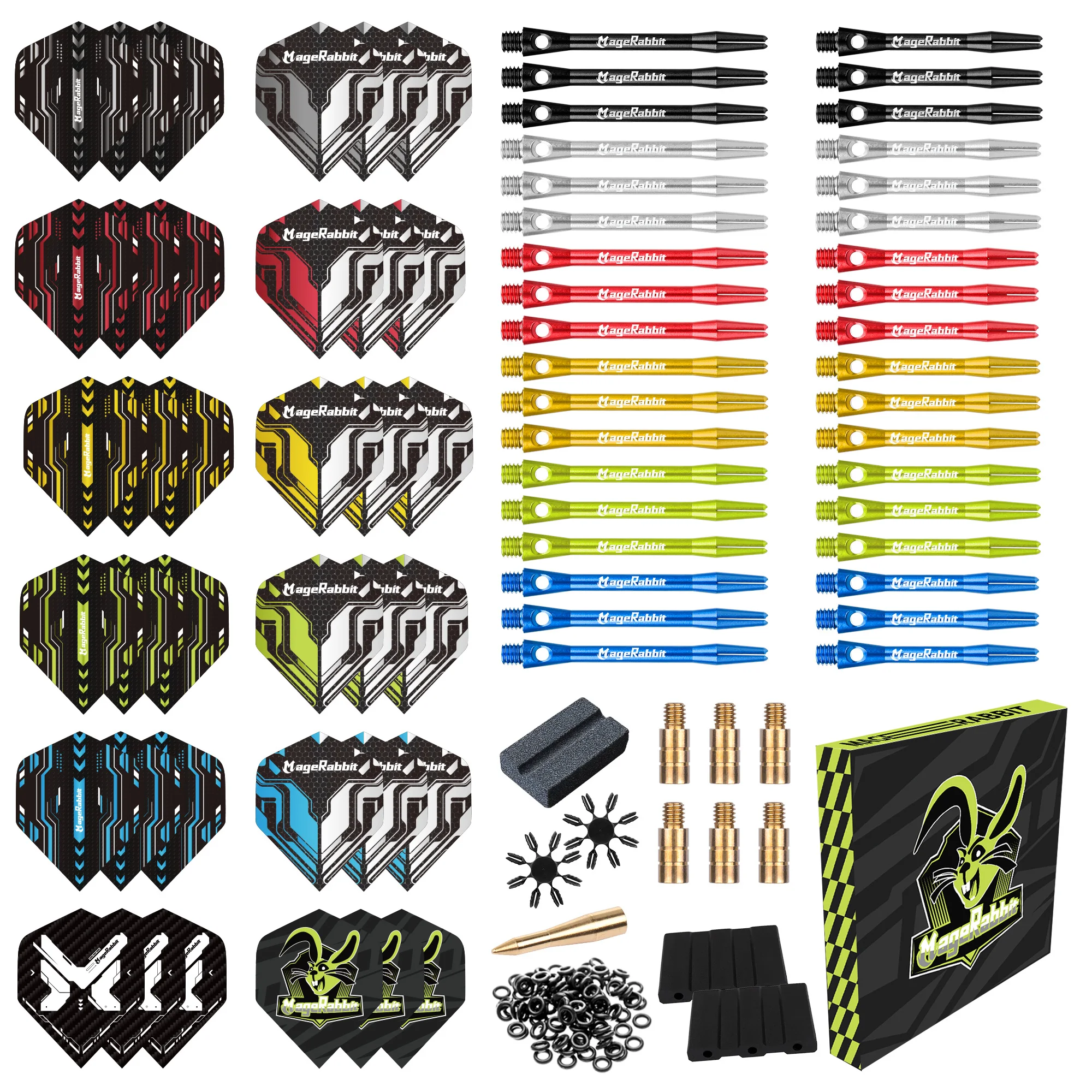 

MageRabbit Dart Accessories Kit 145pcs Alu Shafts, Flights, Savers, Sharpener & Bulk O-Rings for Pro Steel/Soft Tip Darts