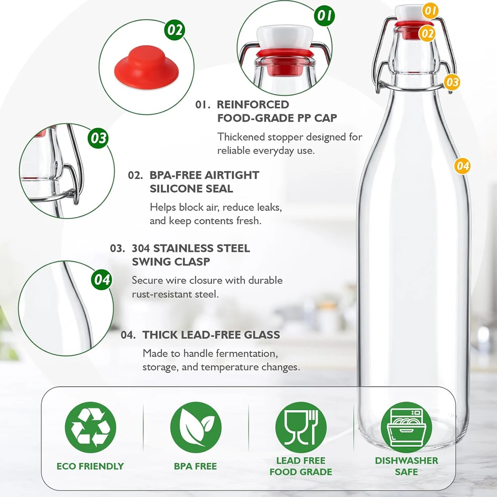 1L Swing Top Glass Bottles Reusable Airtight Flip Top Glass Bottles for Brewing, Fermentation, Kombucha, Beer, Mead, Kefir, Wine