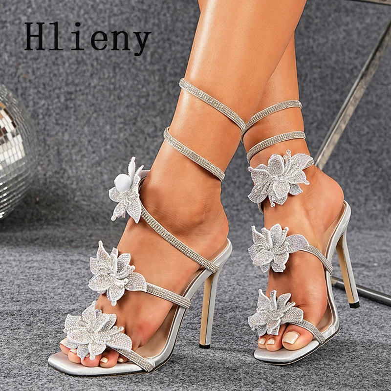 Hlieny Sexy Crystal Flower Wedding Sandals Women Elegant Party High Heels Summer Open Toe Gladiator Ladies Party Dress Shoes view 3