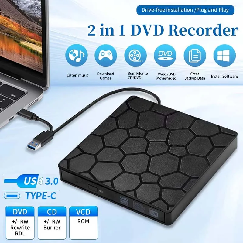 

Внешний привод DVD RW USB 3.0 Type C Интерфейс 2 в 1, тонкий DVD VCD, записывающее устройство для компакт-дисков, считыватель, плеер, оптический привод для портативных ПК