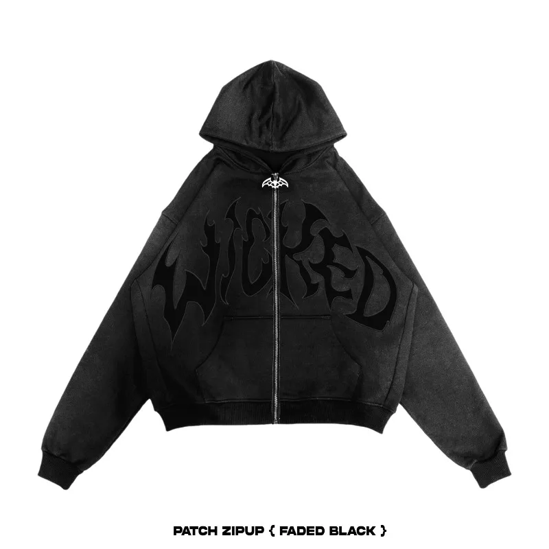 2024 ใหม่Gothic Punkสไตล์เปลวไฟตัวอักษรPatchworkเย็บปักถักร้อยHoodiesผู้ชายY2kซิปHoodie Harajuku Streetคู่เสื้อกันหนาว