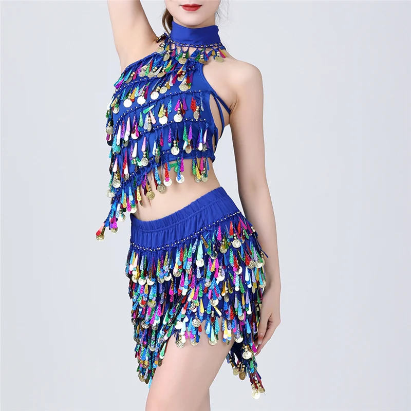 Women Sequins Coins Tassel Latin Dance Dress Set Dancing Dress Adult Fringe Skirt Dancewear  Salsa Tango Practice Suit Costume