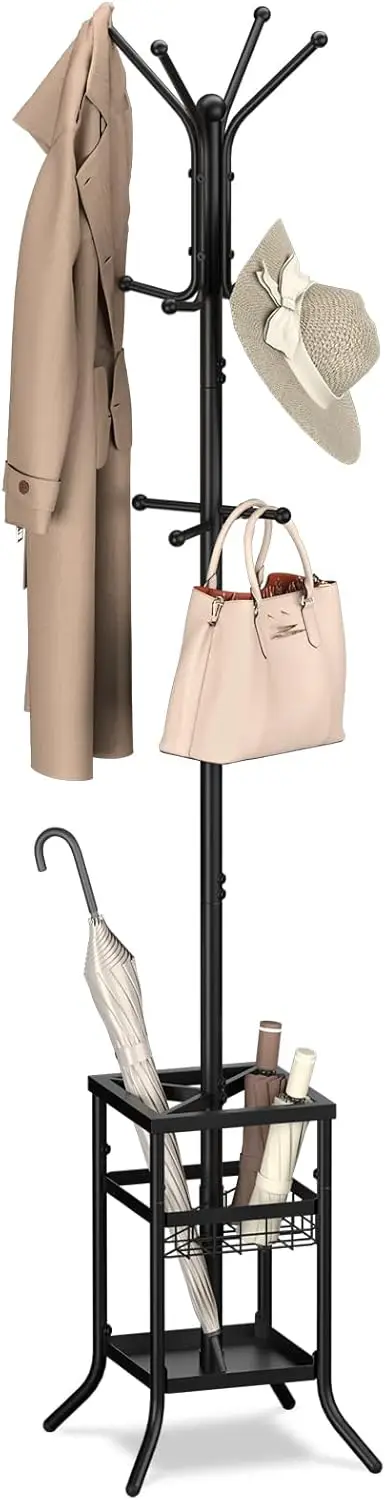 Coat Rack Freestanding, Coat Tree with Umbrella Holder, Metal Coat Rack Stand with 12 Hooks