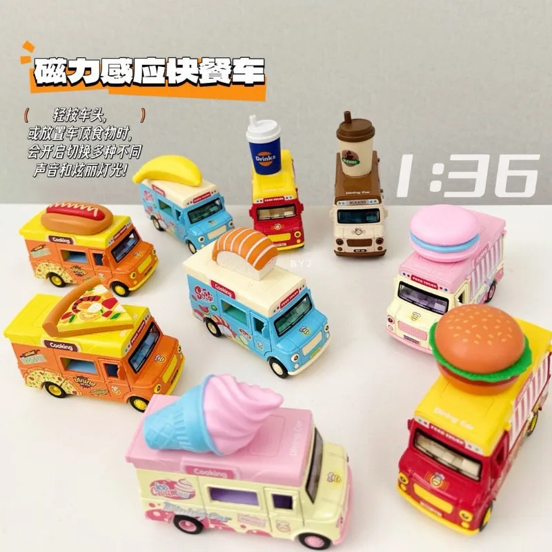 1/36 Magnetic Induction Fast Food Truck Alloy Diecast Car Model Toy with Sound Light Pull Back Collection Gifts for Boy Birthday