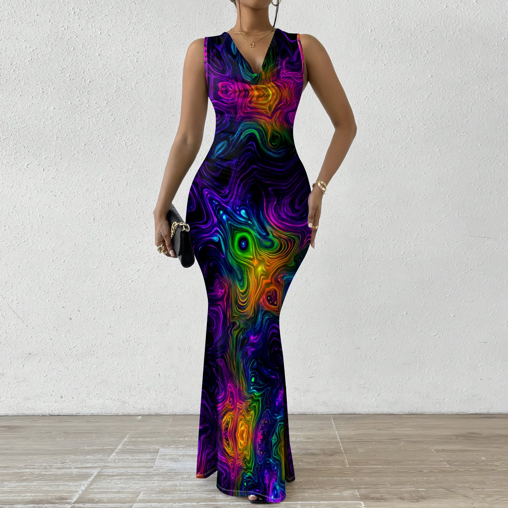 

Women's Psychedelic Swirl V-Neck Maxi Dress, Sleeveless Bodycon Mermaid Gown, Plus Size XS-3XL, Club Party & New Year Look
