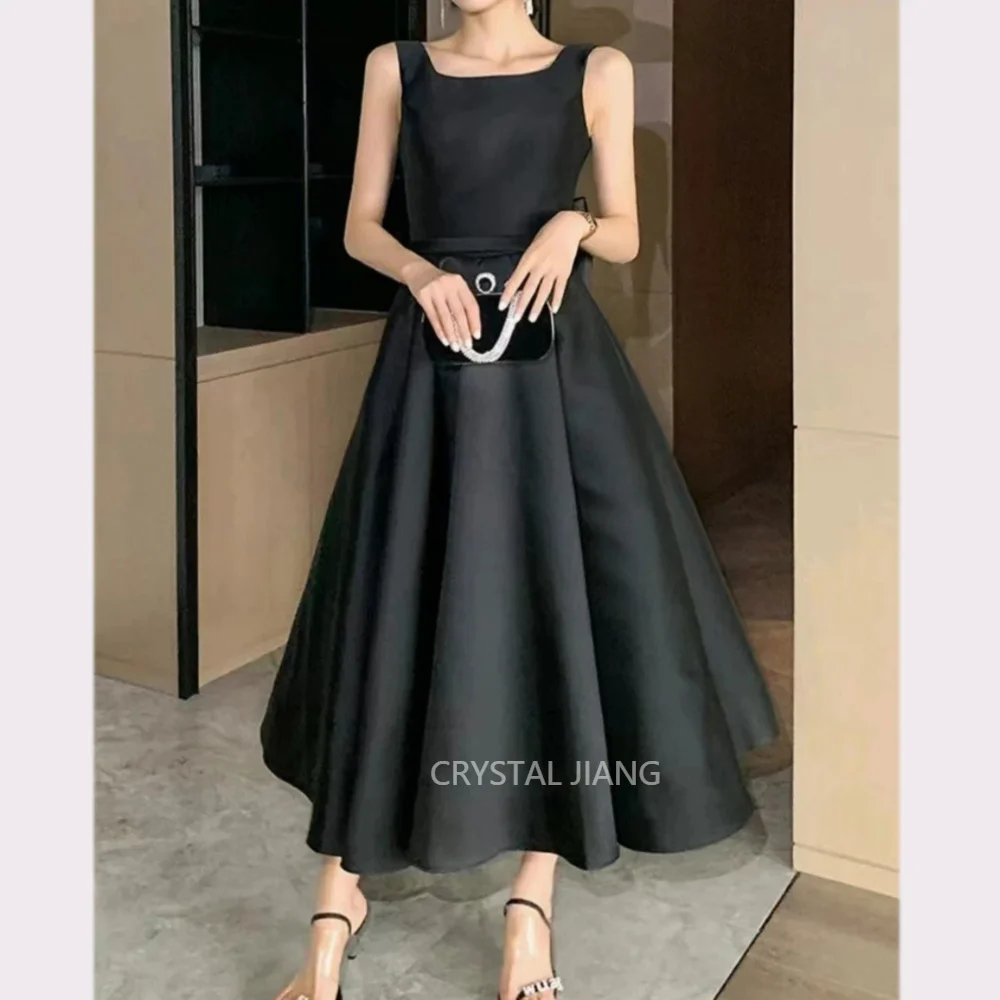 

Elegant Long Black Square Collar Satin Evening Dresses Sleeveless Backless with Bow A Line Tea Length Robes De Soirée