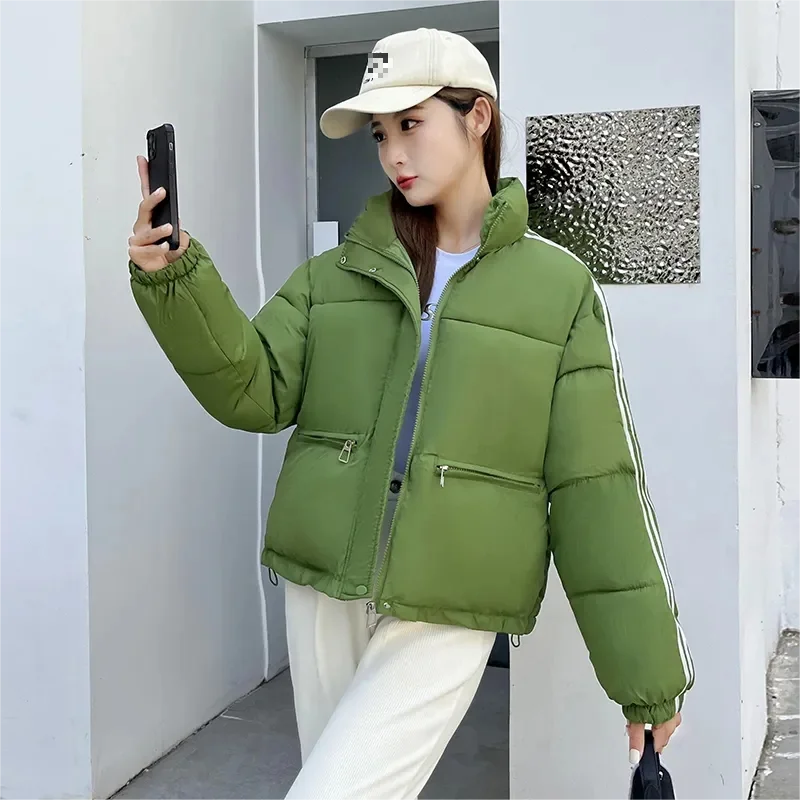 Winter Down Cotton Short Parkas Jackets Warm Women New Fluffy Side Striped  Korean Loose Thick Stand Collar Coat