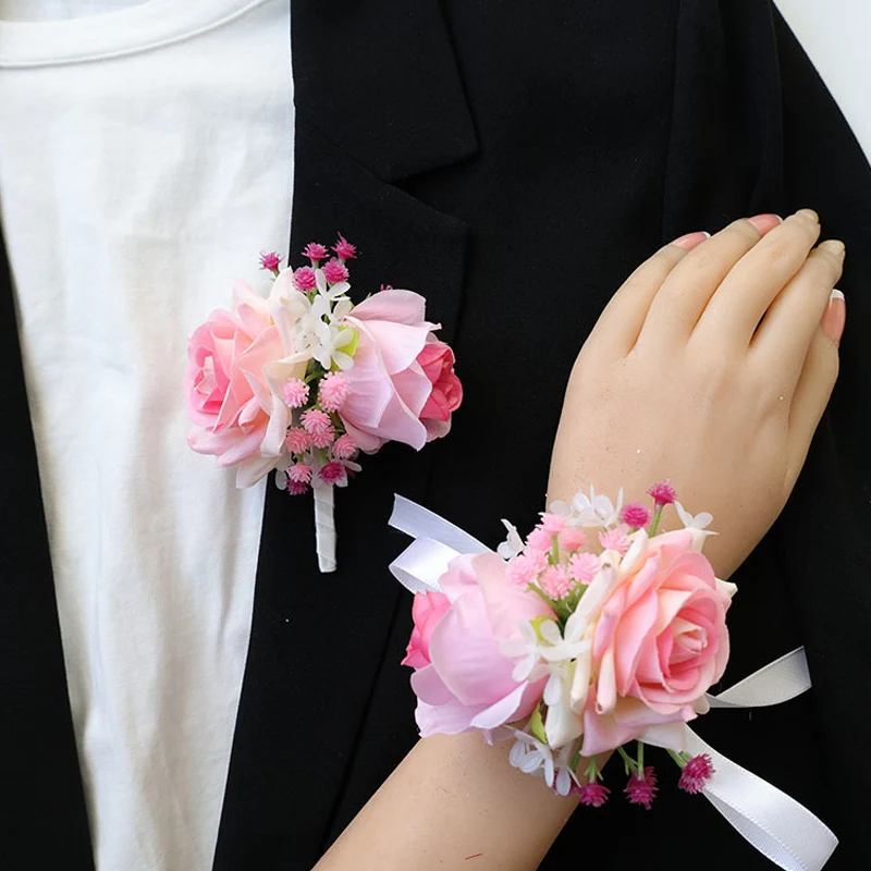 

25039 Pink Bohemian Rose Flower Corsage & Wristlet Set - Perfect for Brides, Groomsmen, and Wedding Decorations