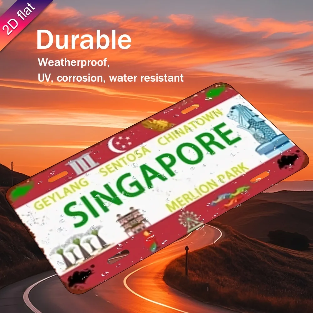 ، طائرة، لوحة ترخيص من الألومنيوم القديم - لوحة زخرفية مطبوعة بالأشعة فوق البنفسجية على شكل سنغافورة، تتميز بالأسد والتاون الصيني