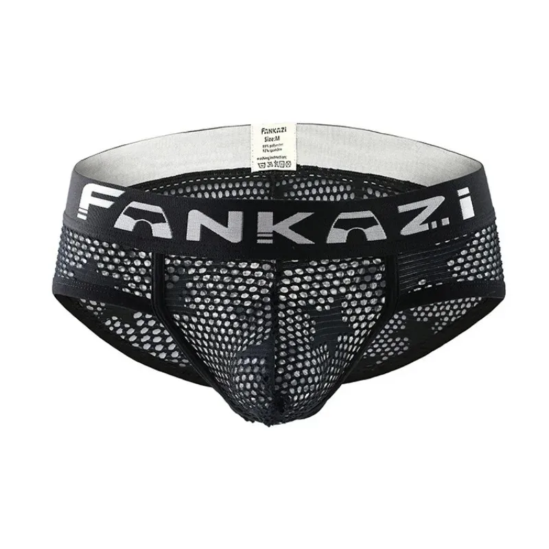 Men's Sexy Briefs Gays Low Waist U Convex Pouch Underwear Star Printed Mesh Transparent Hollow Breathable Comfortable Underpants