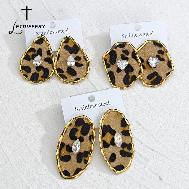 Letdiffery Retro Irregular Leopard Print Stud Earrings for Women Stainless Steel Zircon Geometric Studs Christmas Jewelry Gift