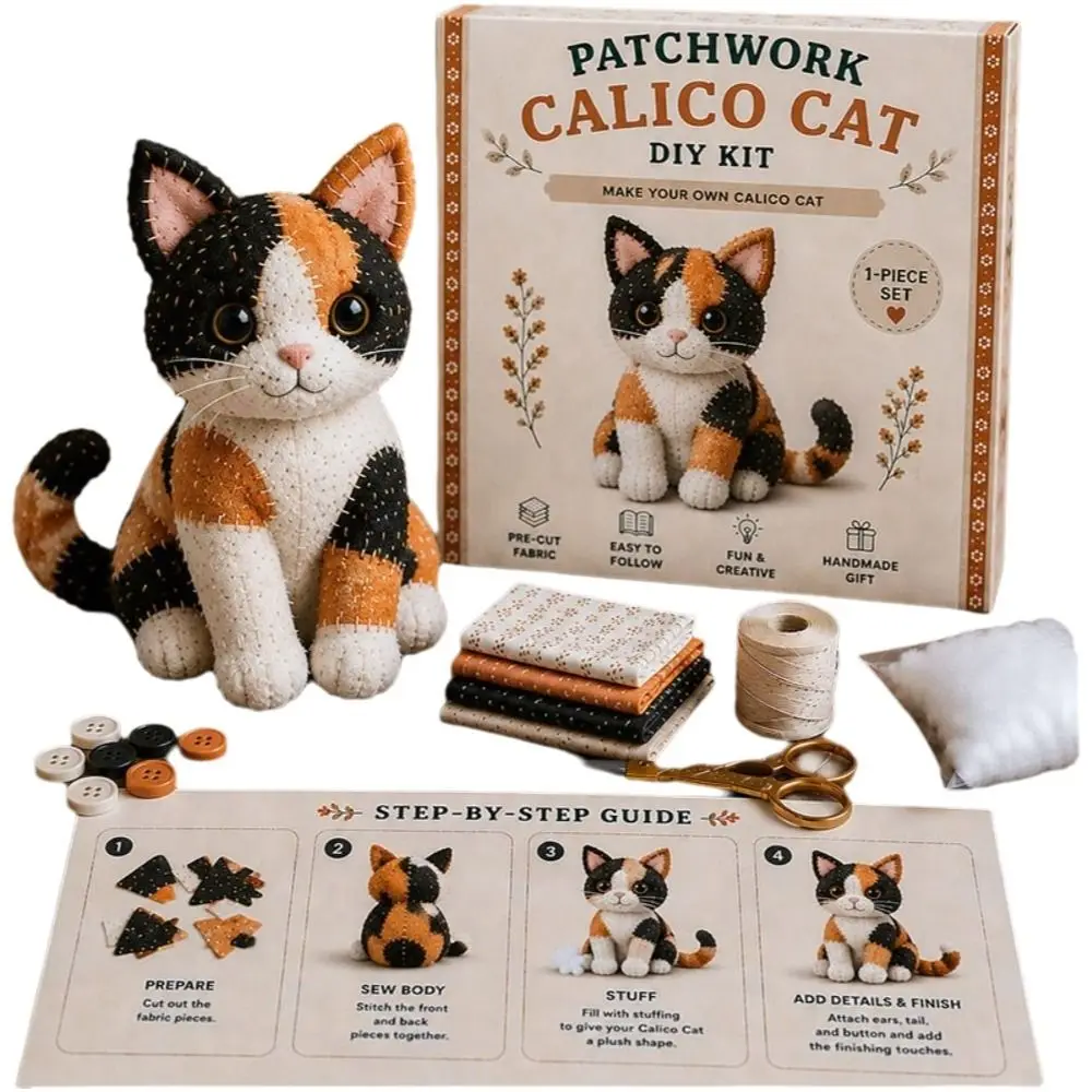 Handmade Patchwork Cat Kit Step by Step Guide Pre Cut Fabric DIY Sewing Kit Stuffing Included Buttons Included Fabric Craft Set