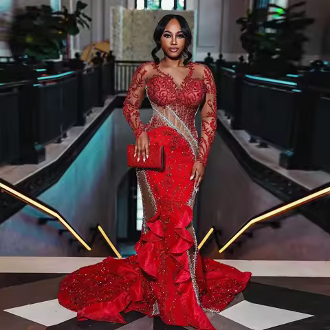 Luxurious Beading Evening Dresses Red Ruffles Birthday Dress African Wedding Reception Dress Unique Aso Ebi Style Formal Dress