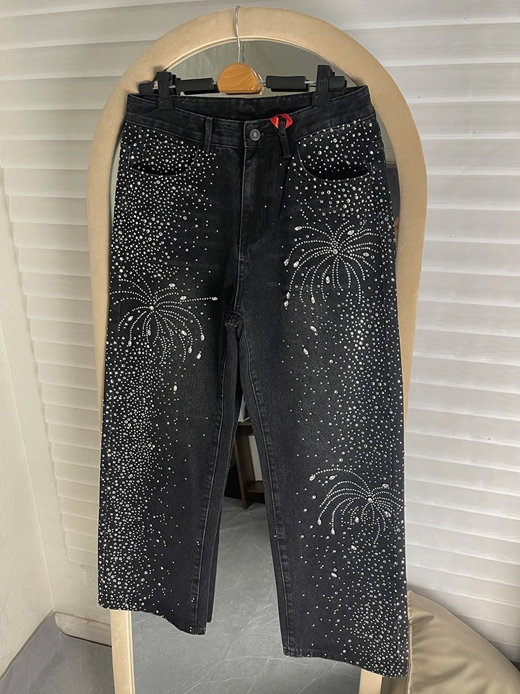 Fashion Hot Diamond Full Diamond Flash Chic Jeans Men Women 2025 Summer New Trendy Niche Design Loose Straight Wide Leg Trousers