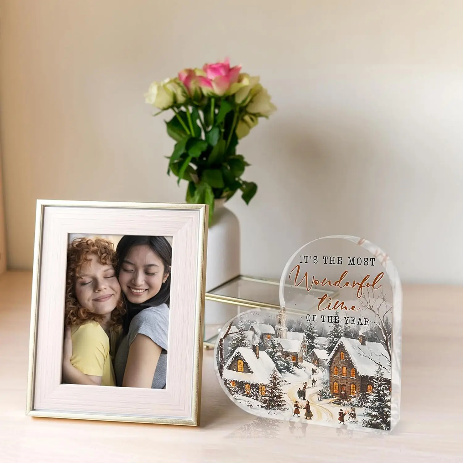 Heart Acrylic Plaque It's The Most Wonderful Time Of The Year Winter Snow Village Christmas Desk Decor