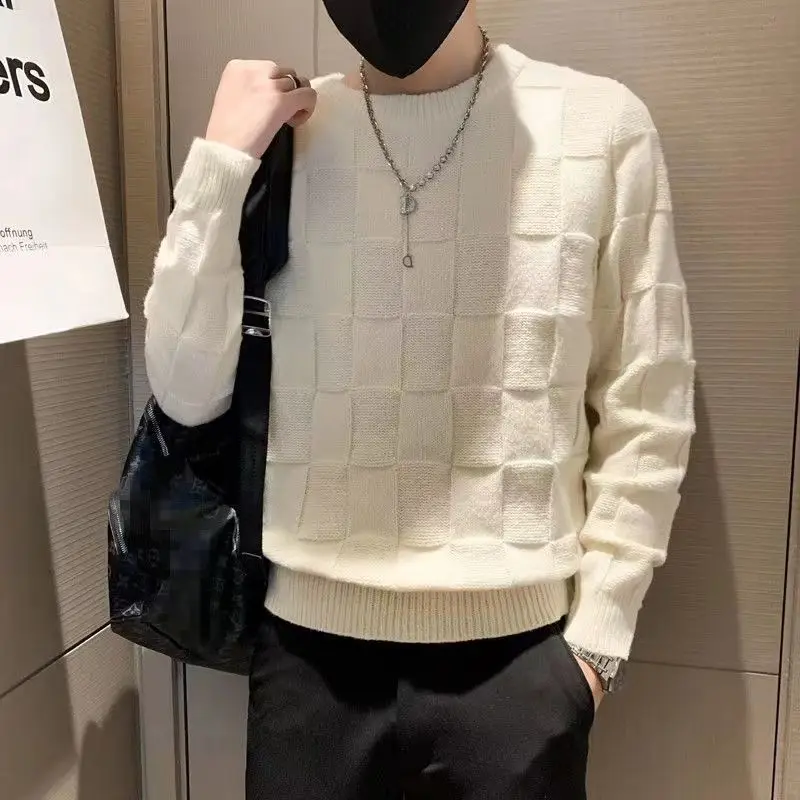 Autumn Winter Men Korean Trend Checkerboard Streetwear Knitted Sweater Youth Solid O Neck Long Sleeve Pullover Tops Ropa Hombre