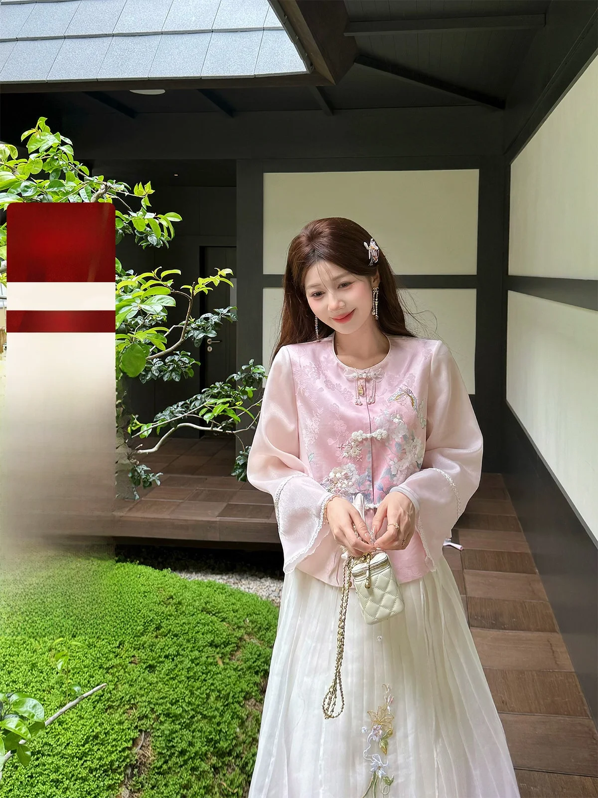 

New Chinese Sle ort Outerwear GA nai Plum Blossom Embroidery Satin adient Blend Pink Button up Casual Coat