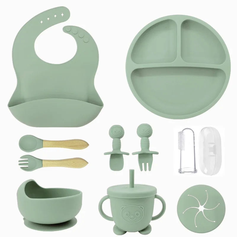 Silicone Tableware Ten Piece Set Divided Plate Baby Tableware Feeding Bowl Silicone Spoon Fork Feeding Tableware For Infants