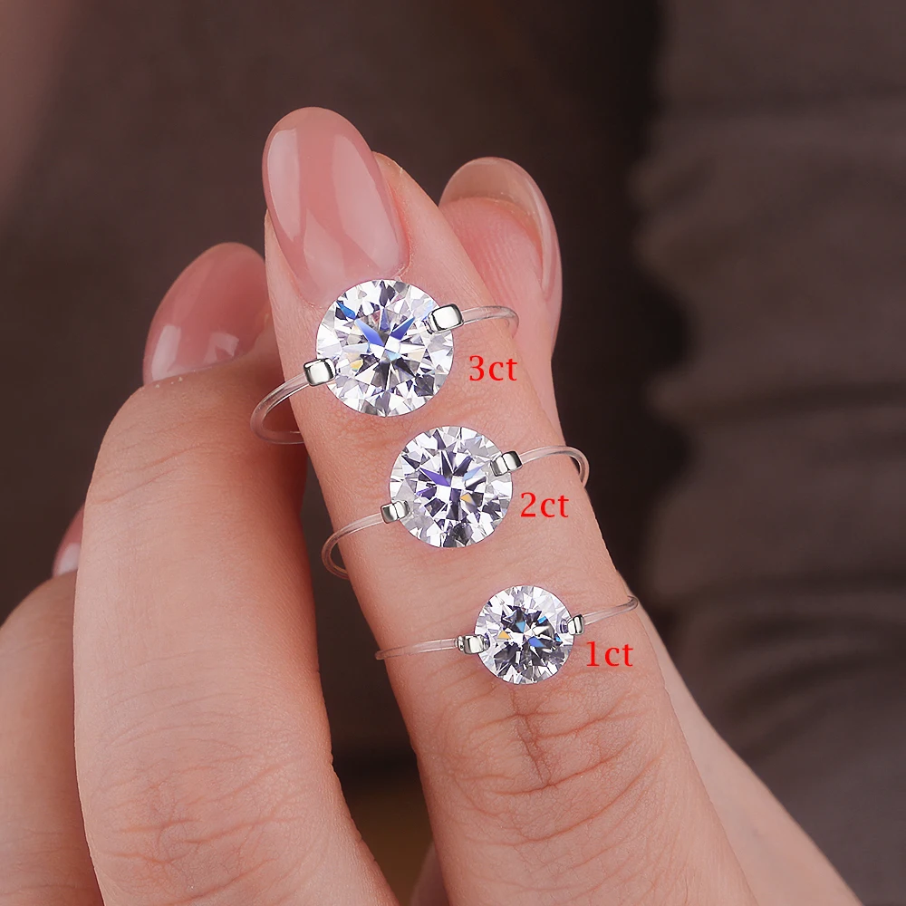IGOTOS 透明釣り糸モアッサナイトリング認定 S925 スターリングシルバーラウンドダイヤモンドリング結婚指輪ジュエリー女性のための