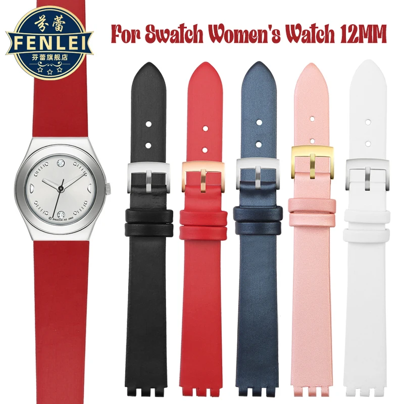 Red white Watchband For SWATCH Spun Silk Genuine Leather Wristband YSS317G 12mm Bracelet Cowhide Wrist strap Women\'s Accessories