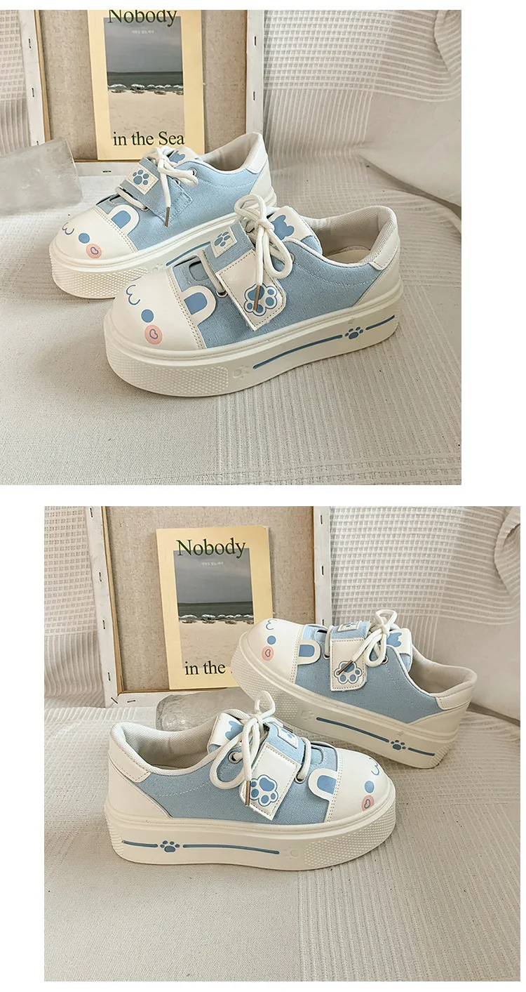 Kuschelige Katzenpfoten-Canvas-Schuhe, Schnür-Sneaker mit Kätzchen-Patchwork für Damen, Plateau-Schuhe aus Kunstleder, Lolita-Chunky-Trainer – Detail 21