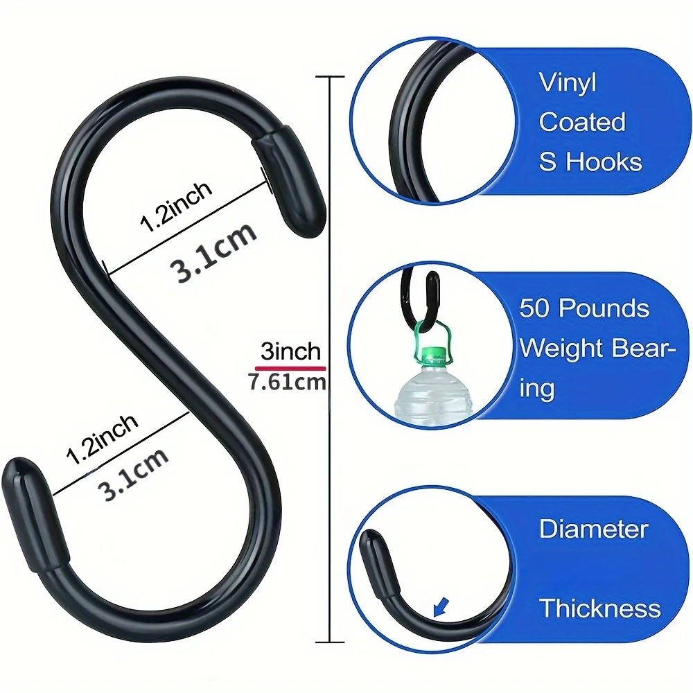 Pack of 10 S-Hooks, Heavy Duty Metal S-Hooks, Non-Slip Black S-Hooks for Closet, for Hanging Plants, Clothes, Cups, Towels